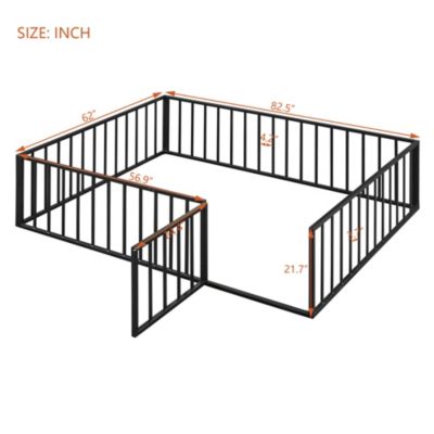 Queen Size Metal Floor Bed Frame With Fence And Door