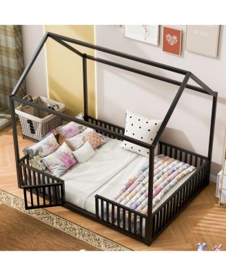 Streamdale Full Size Metal House Bed With Fence And Door