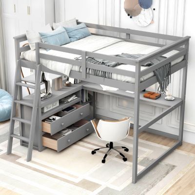 Streamdale Full Size Loft Bed With Desk And Shelves, Two Built-In Drawers