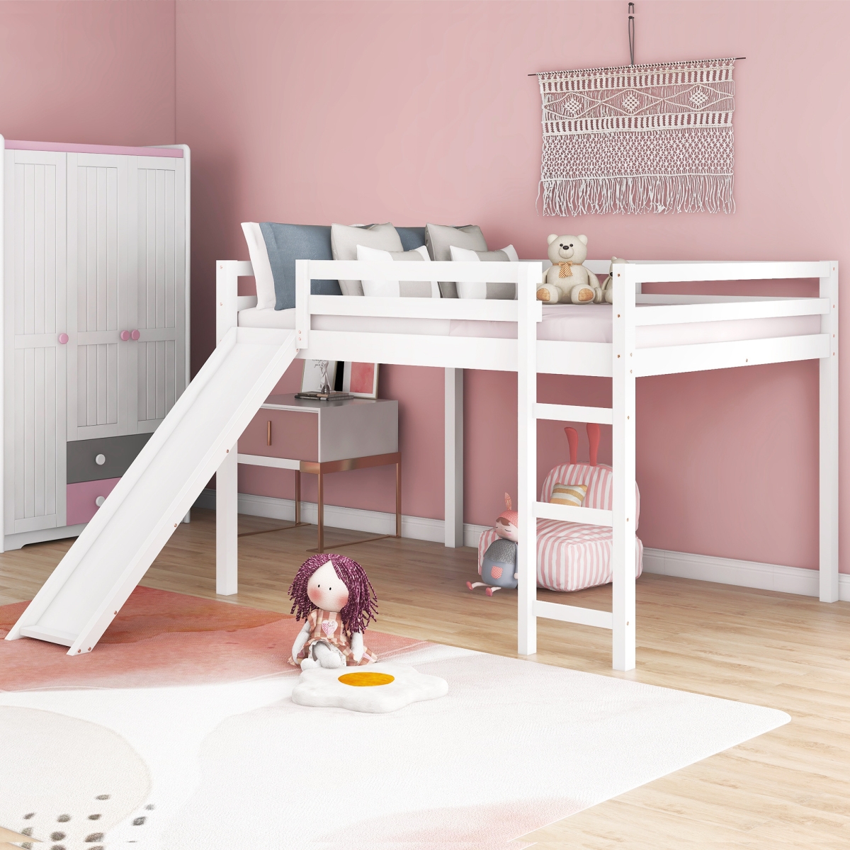 Simplie Fun Loft Bed With Slide, Multifunctional Design, Full