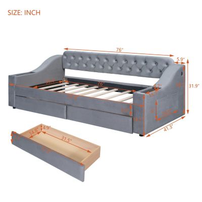 Twin Size Upholstered Daybed With Storage Armrests And USB Port