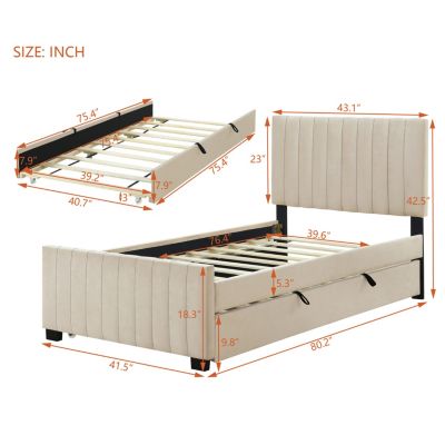 Twin Size Velvet Upholstered Platform Bed With Twin Size Trundle