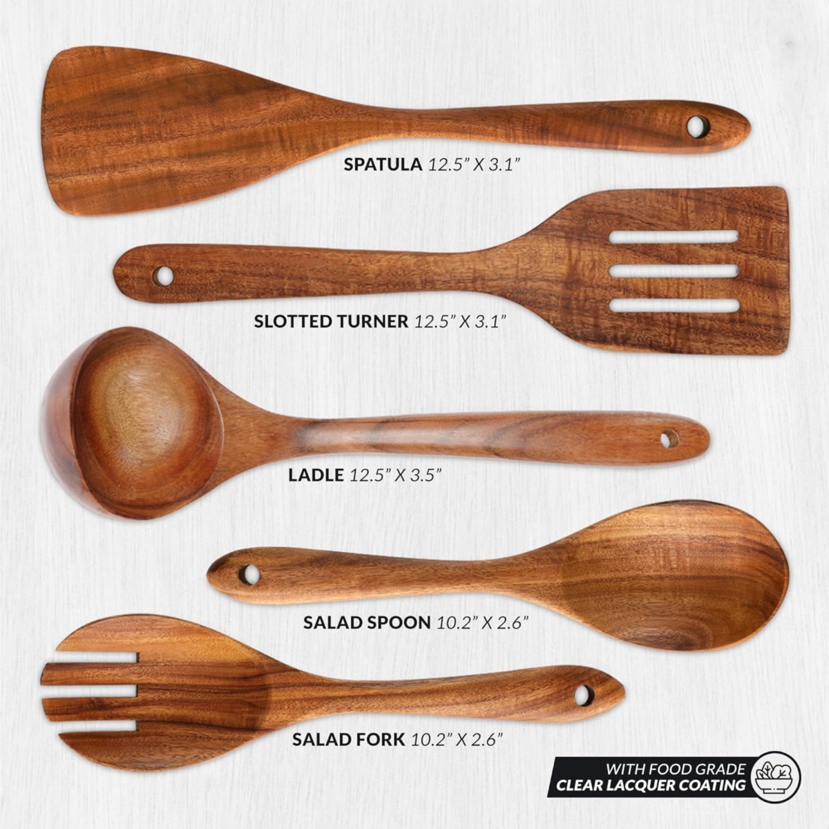 Extra Large 5-Piece Smooth Teak Wooden Spoon Set