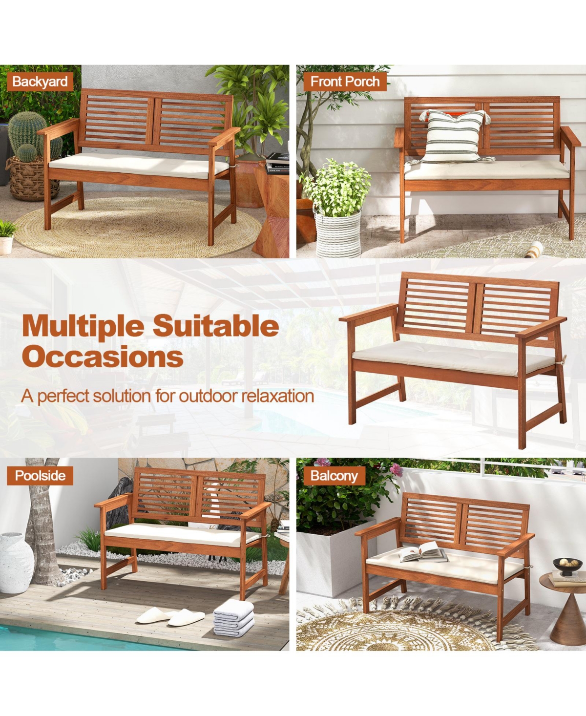 Slickblue 2-Person Solid Wood Patio Bench with Backrest and Cushion - Natural and Off White