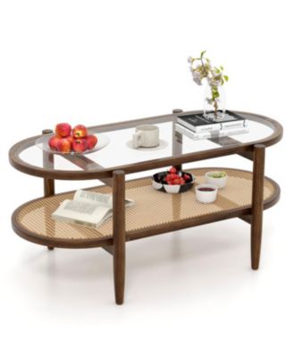 2-Tier Coffee Table with Tempered Glass Tabletop and Acacia Wood Frame
