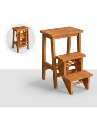 3-in-1 Rubber Wood Convenient Handle Step Stool