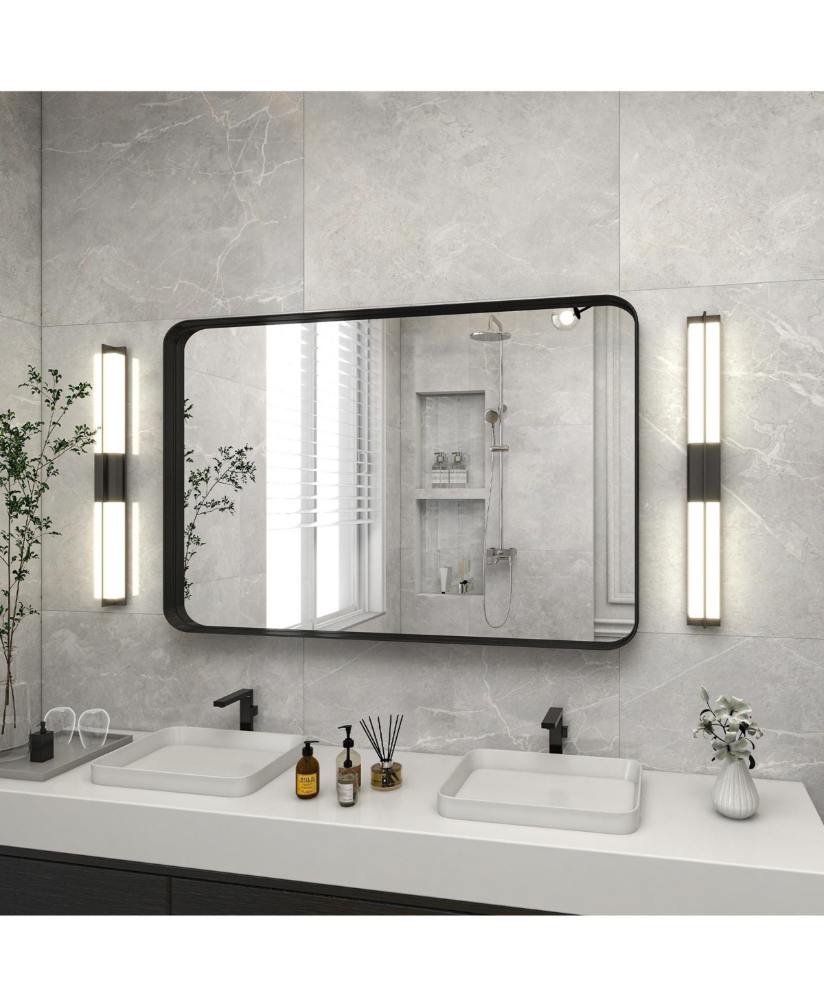 HomluxDeep Frame Bathroom Mirror with Modern Rounded Corners, Horizontal or Vertical Hang - Black