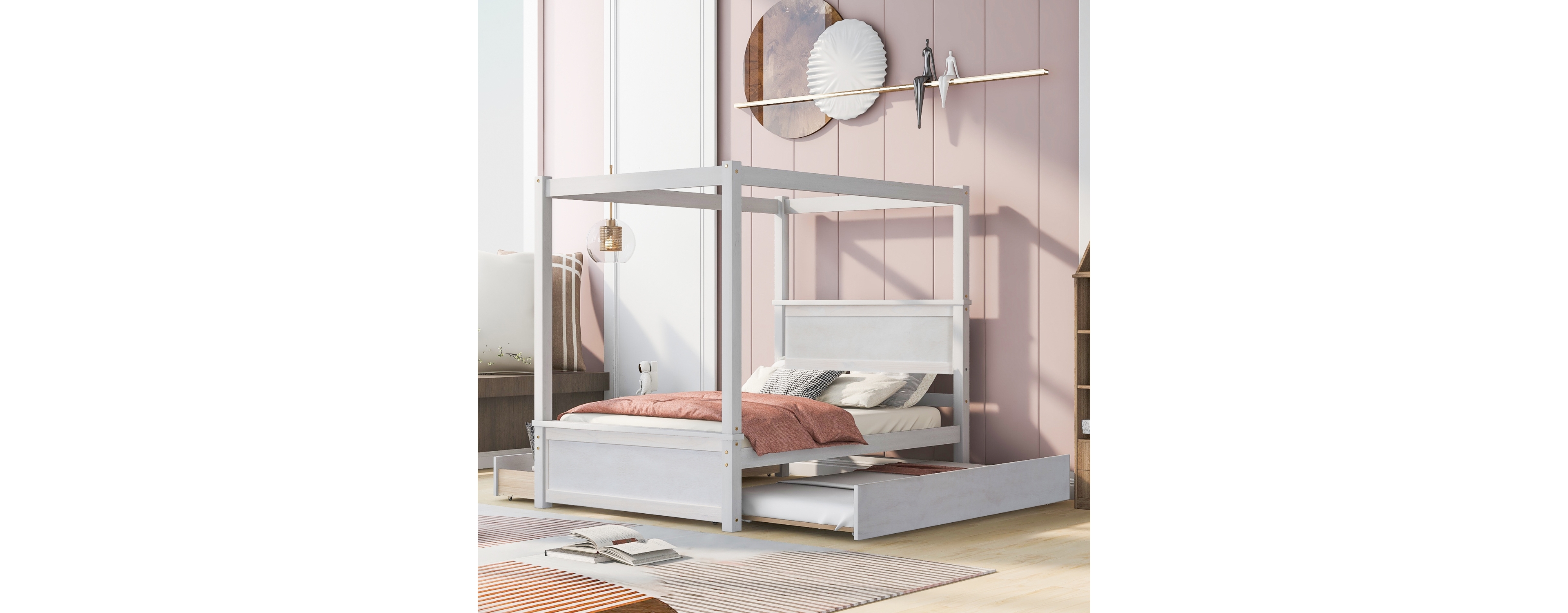 Streamdale Full Size Wood Canopy Bed with Trundle and Drawers
