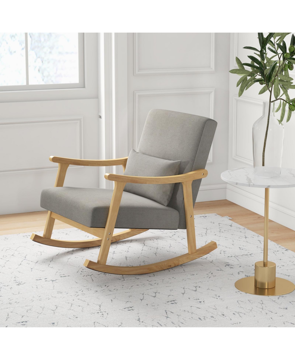 Slickblue Nursery Rocking Accent Chair with Rubber Wood Armrests-Natural - Grey + Natural