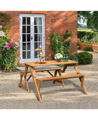 2-in-1 Transforming Interchangeable Wooden Picnic Table Bench with Umbrella Hole-Dark Brown