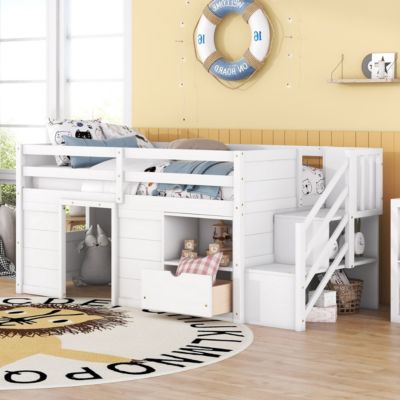 Twin Loft Bed with Stair, Drawer & Shelf