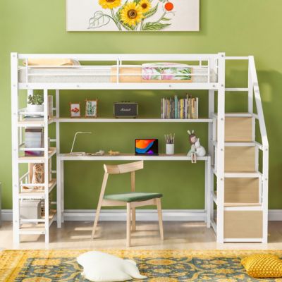 Simplie Fun Twin Size Metal Loft Bed With Staircase, Built-In Desk And Storage Shelves