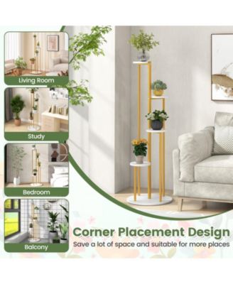 Indoor Metal Plant Stand Corner Plant Shelf for Potted Plant with Golden Metal Frame-White