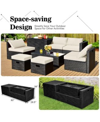 8PCS Patio Rattan Furniture Set Storage Table Ottoman