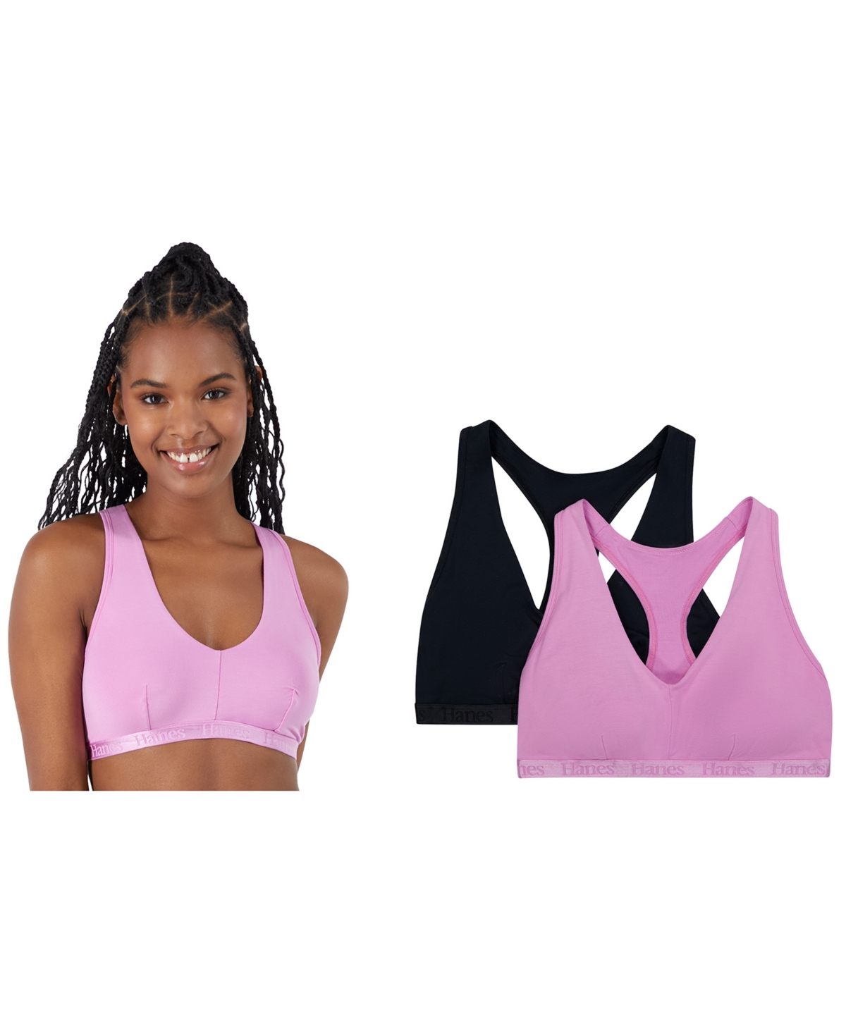 Hanes Women's 2-Pack Originals SuperSoft Ultimate V-Neck Racerback Bralette  -Strawberry Candy Pink
