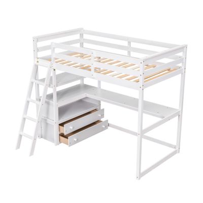 Twin Size Loft Bed With Desk And Shelves, Two Built-In Drawers