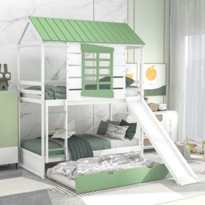 Streamdale Twin Over Twin Size House Bunk Bed With Convertible Slide And Trundle