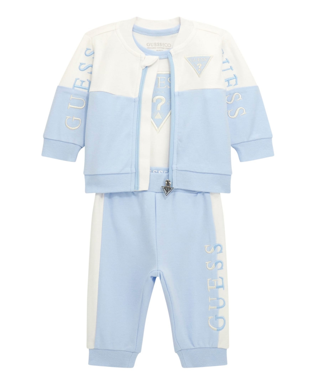 Guess Baby Boy Long Sleeve Bodysuit, Long Sleeve Zip Top, and Pant Set