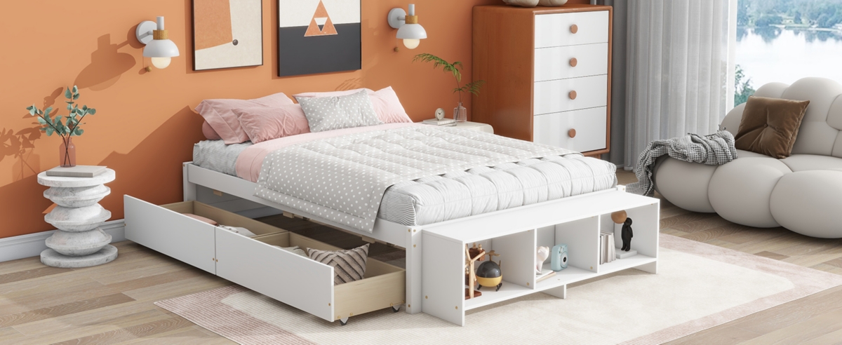 Streamdale Furniture Size Bed With Storage Case, 2 Storage Drawers, Lengthwise Support Slat,- White
