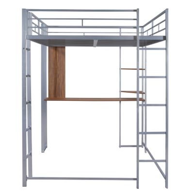 Full Size Metal Loft Bed With 2 Shelves And One Desk