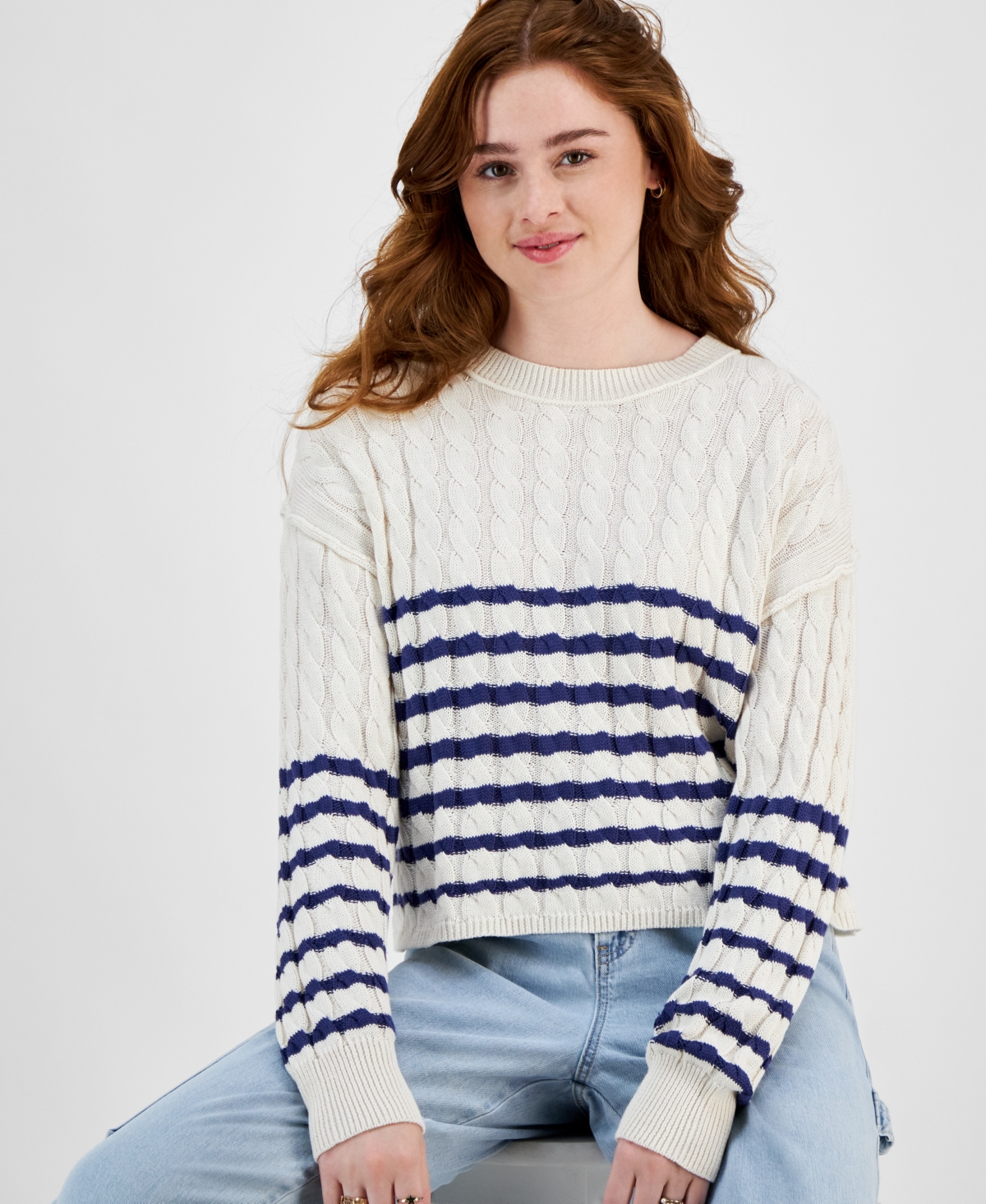 Hooked Up by Iot Juniors' Striped Cable-Knit Sweater