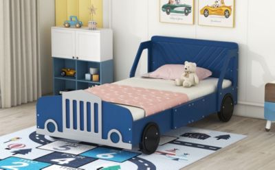 Streamdale Twin Size Car-Shaped Platform Bed With Wheels, Blue