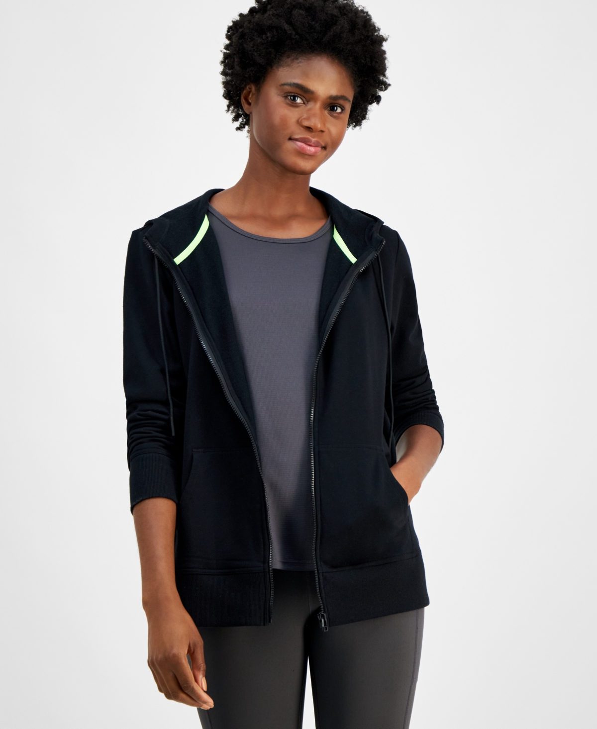 Id Ideology Women's Relaxed Zip-front Long-sleeve Fleece Hoodie, Created For Macy's In Deep Black
