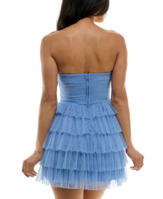 Juniors' Strapless Side-Shirred Tiered Glitter Mini Dress