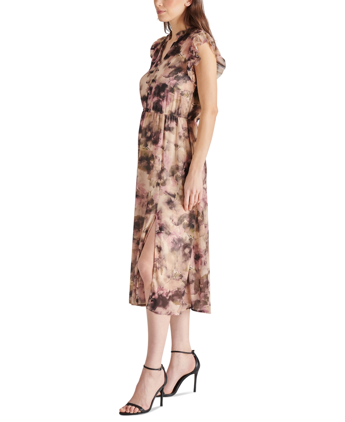 Steve Madden Allegra Abstract Print Ruffle Chiffon Midi Dress In Autumn Mauve