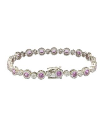 Suzy Levian Sterling Silver Pink Sapphire & Created White Sapphire Round Halo Cluster Tennis Bracelet