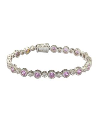 Suzy Levian Sterling Silver Pink Sapphire & Created White Sapphire Round Halo Cluster Tennis Bracelet