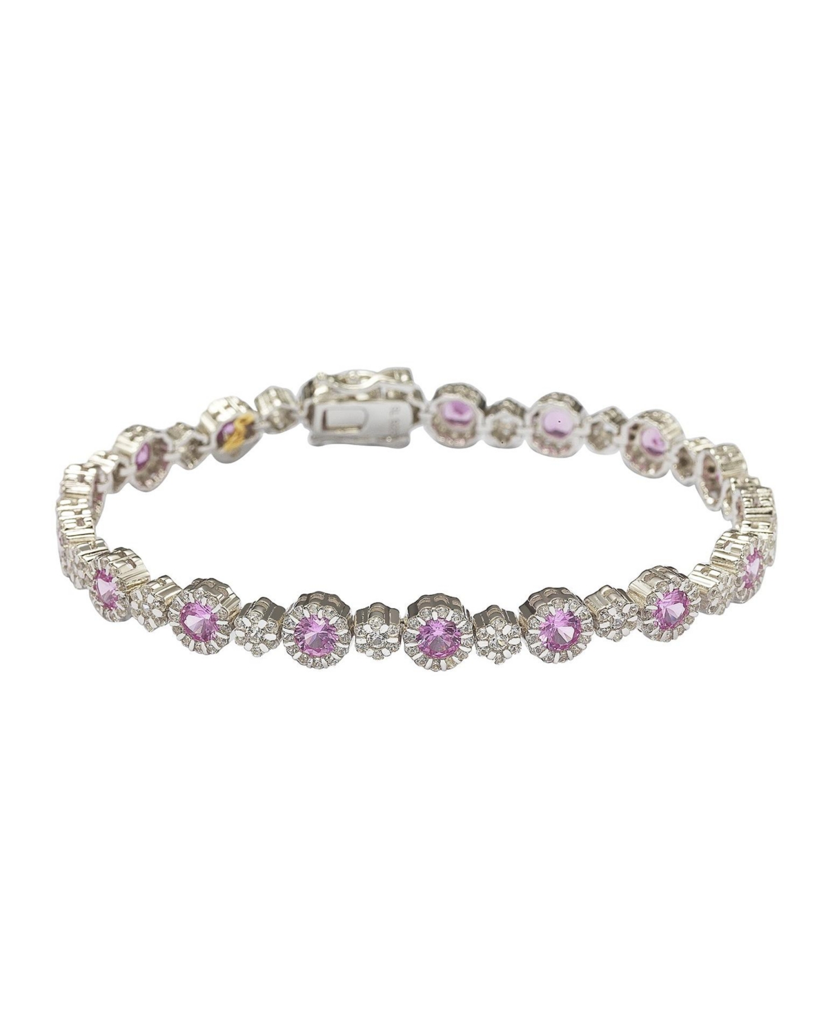 Pink Sapphire & Lab-Grown White Sapphire Round Halo Cluster Tennis Bracelet in Sterling Silver - Pink