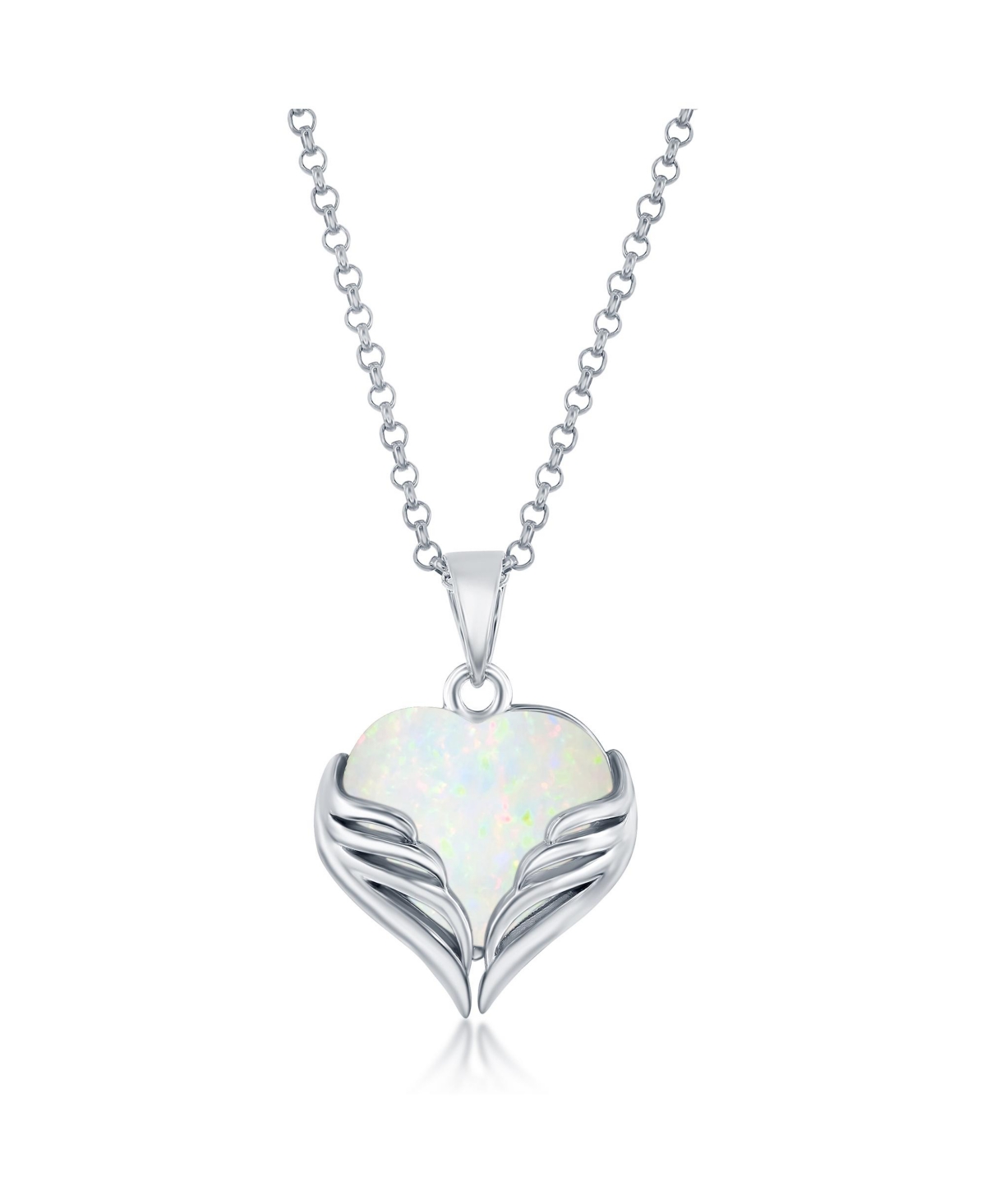 Sterling Silver Opal Heart Angel Wings Pendant - White