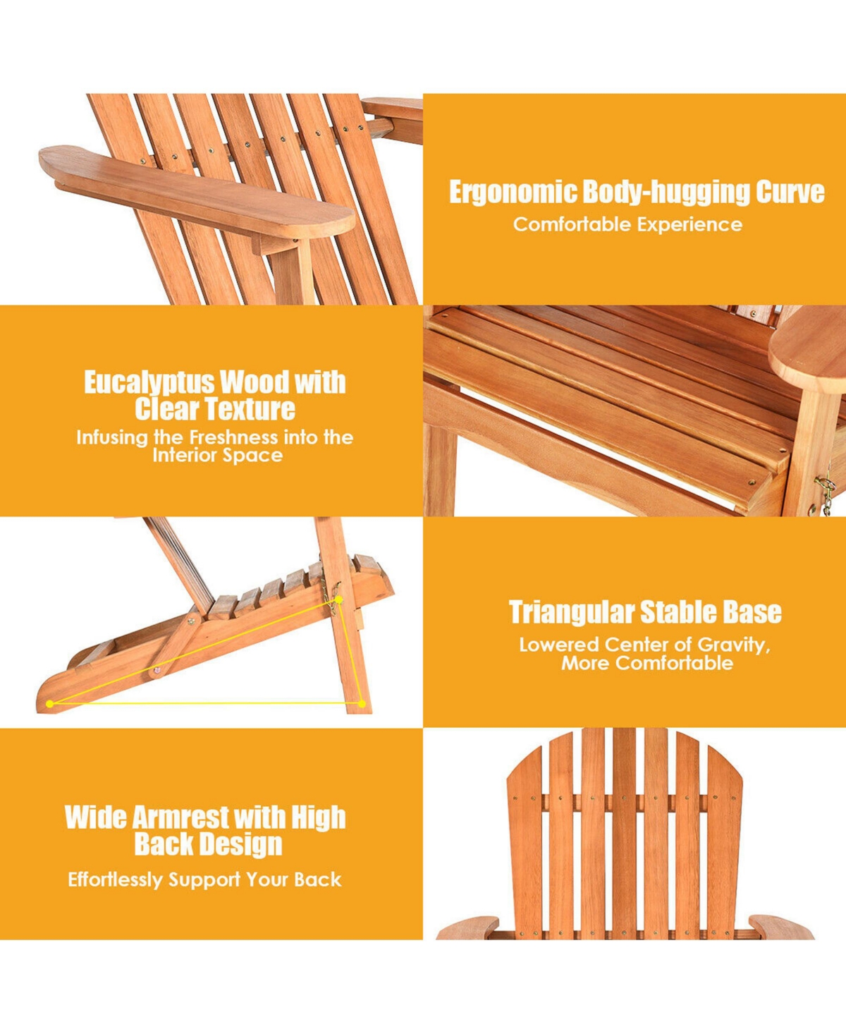 Gymax Pcs Eucalyptus Adirondack Chair Foldable Outdoor Wood Lounger Chair- Natural