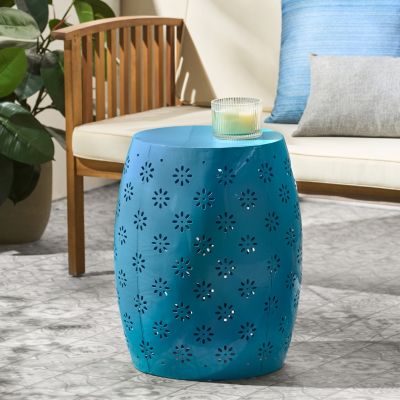Lace-Cut Metal Outdoor Side Table - Barrel Shape