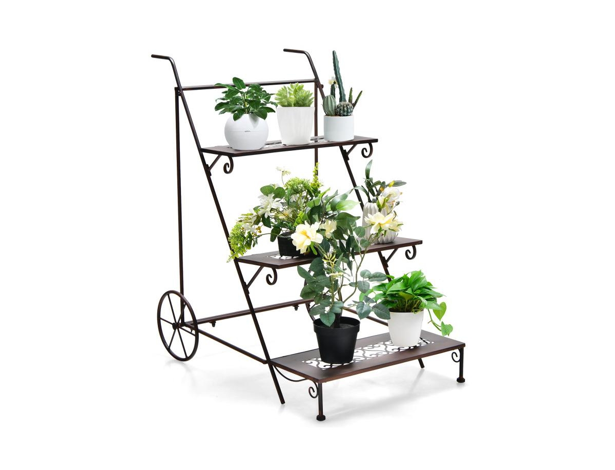 Slickblue 3-Tier Metal Plant Stand with Wheels and Handle for Balcony