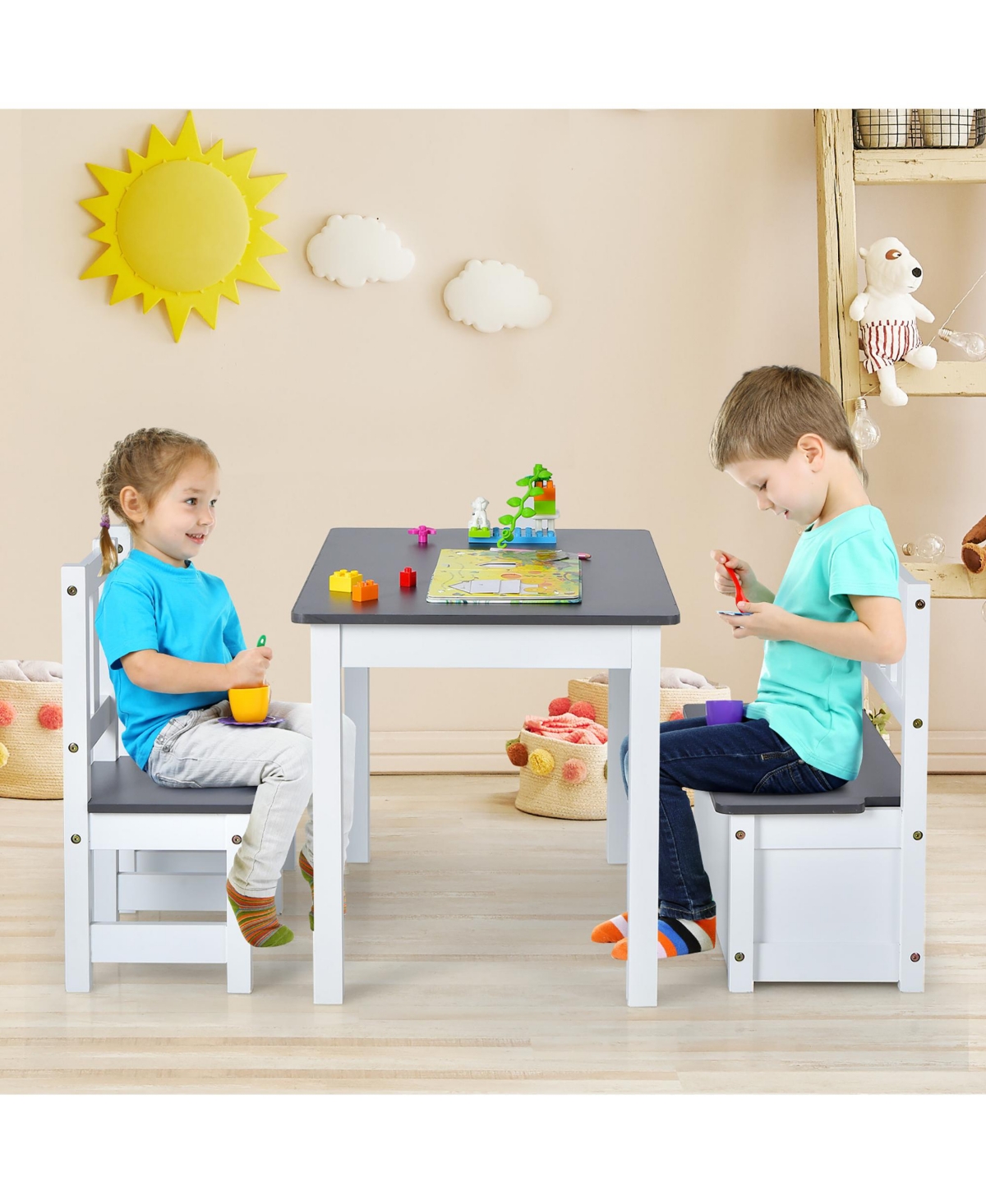 4 Pcs Kids Wooden Activity Table & Chairs Set w/ Storage Bench Study Desk