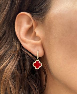 Gold Crystal Halo Colored Clover Dangle Huggie Earrings