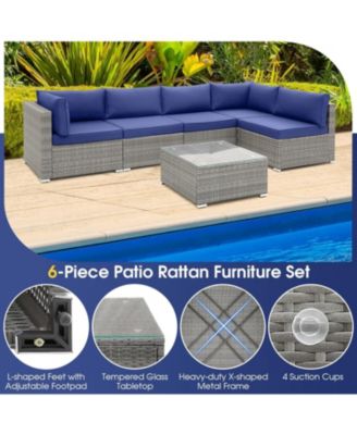 6 Piece Patio Conversation Sofa Set with Tempered Glass Coffee Table
