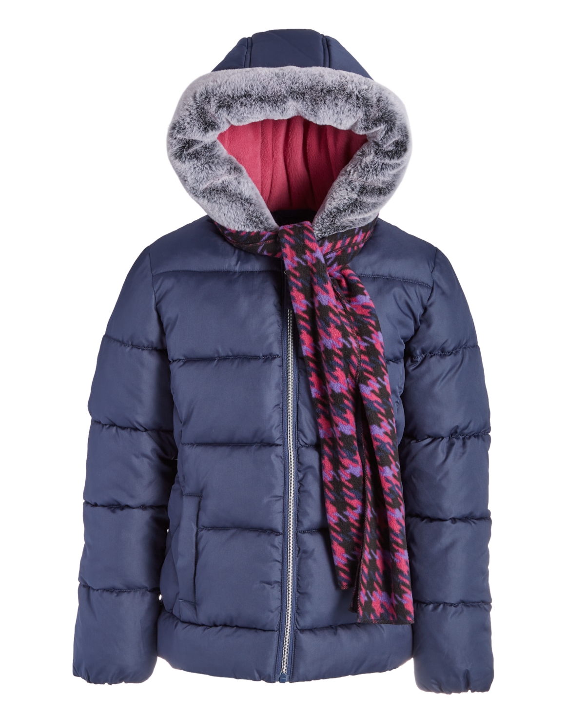 S Rothschild & Co Big Girls Quilted Full-Zip Hooded Puffer Jacket with Faux-Fur Trim & Houndstooth Scarf