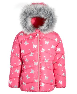 S Rothschild CO Toddler Little Girls Foil Quilted Puffer Coat With Faux Fur Trim Macy s