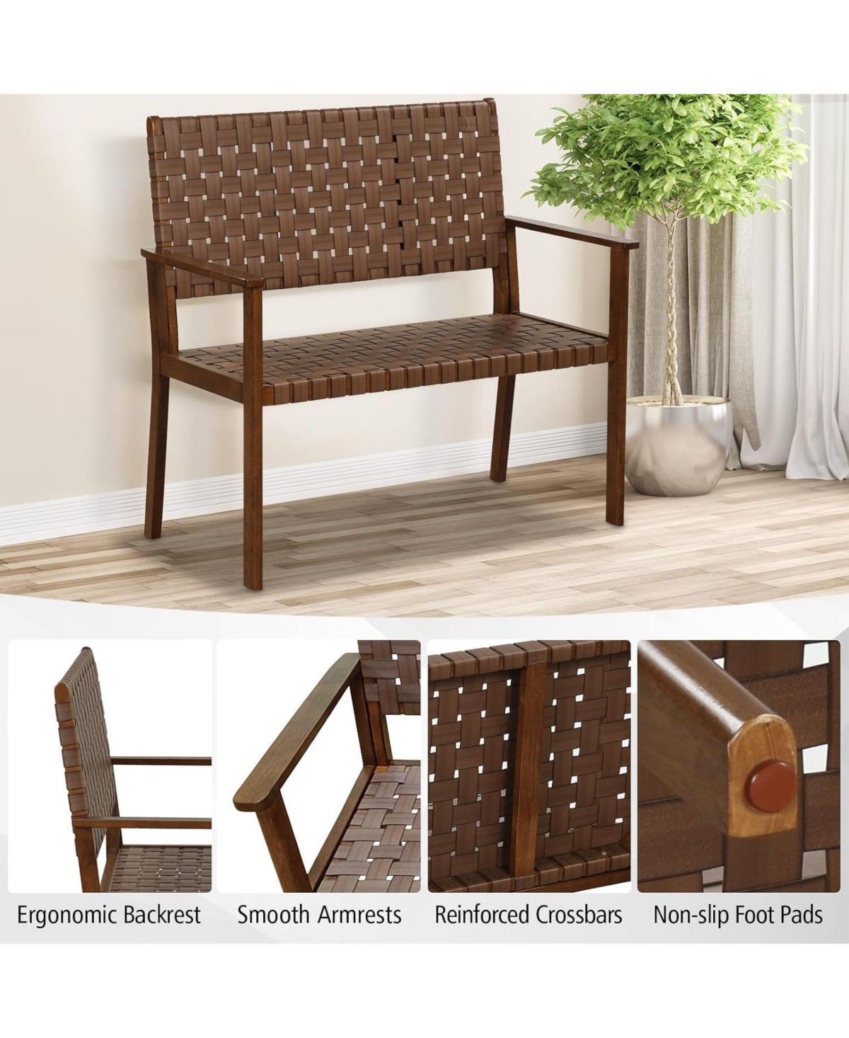 Outdoor All Weather Bench with Solid Rubber Wood Frame and Hand Woven Pu Leather- Brown