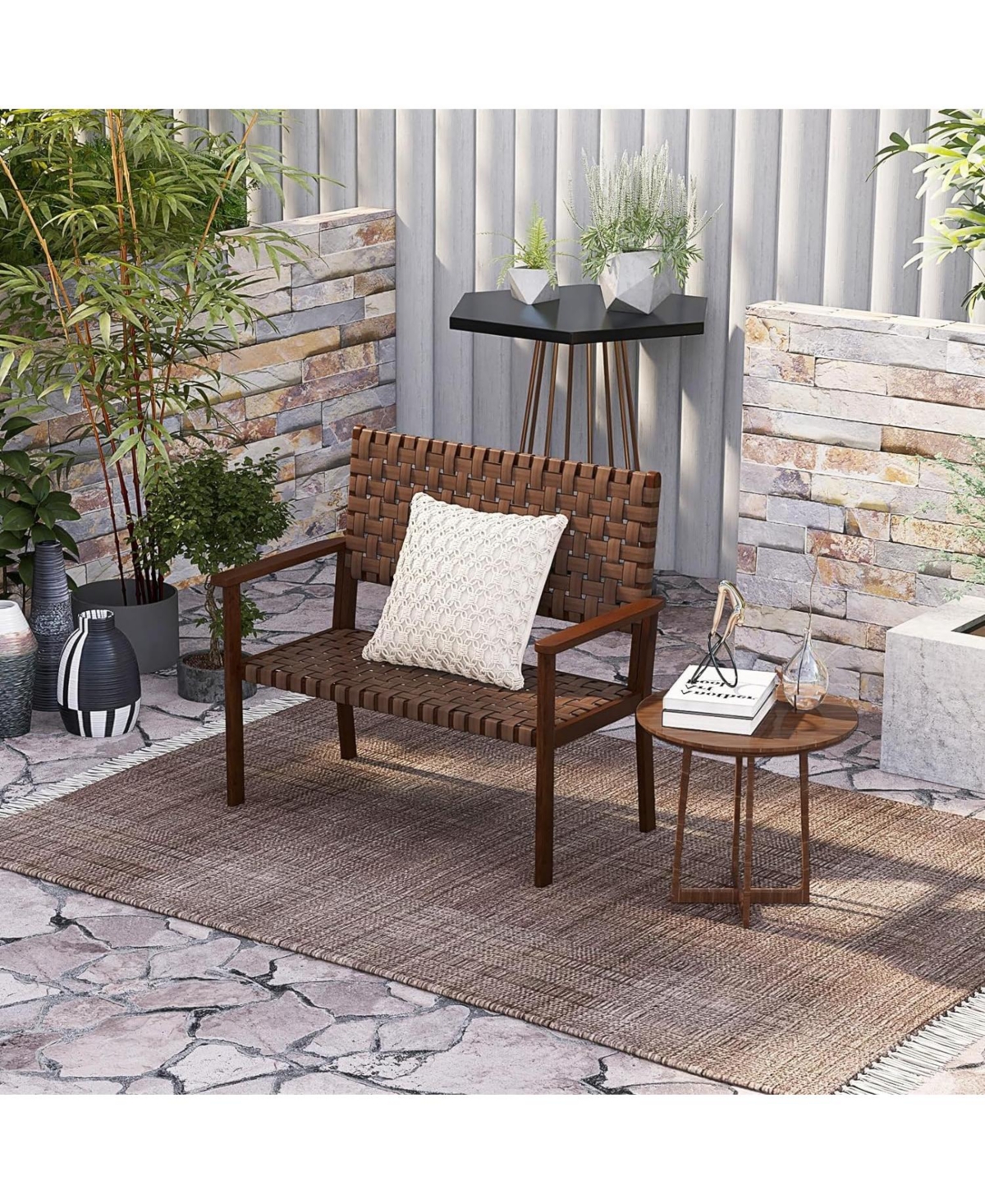 Outdoor All Weather Bench with Solid Rubber Wood Frame and Hand Woven Pu Leather- Brown