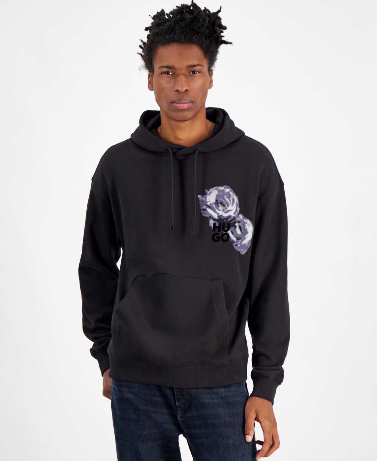 Hugo by Hugo Boss Men's Relaxed-Fit Floral Logo-Print Hoodie - Black