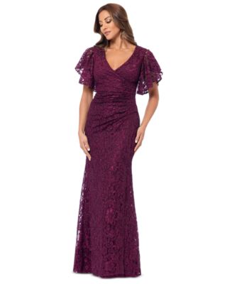 Betsy & Adam Women's Eyelash-Lace Flutter-Sleeve Long Dress - Macy's