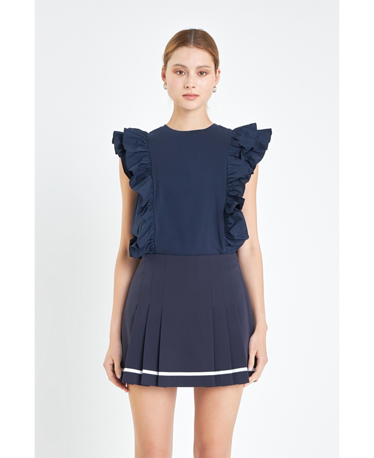 English Factory Women's Poplin Ruffle Detail Sleeveless Top