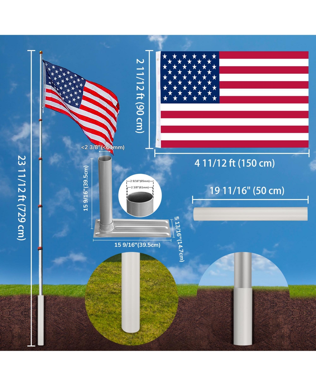 Yescom 25' Telescopic Aluminum Flag Pole Kit Tire Mount Stand 3'x5' Flag Ball Pole Top