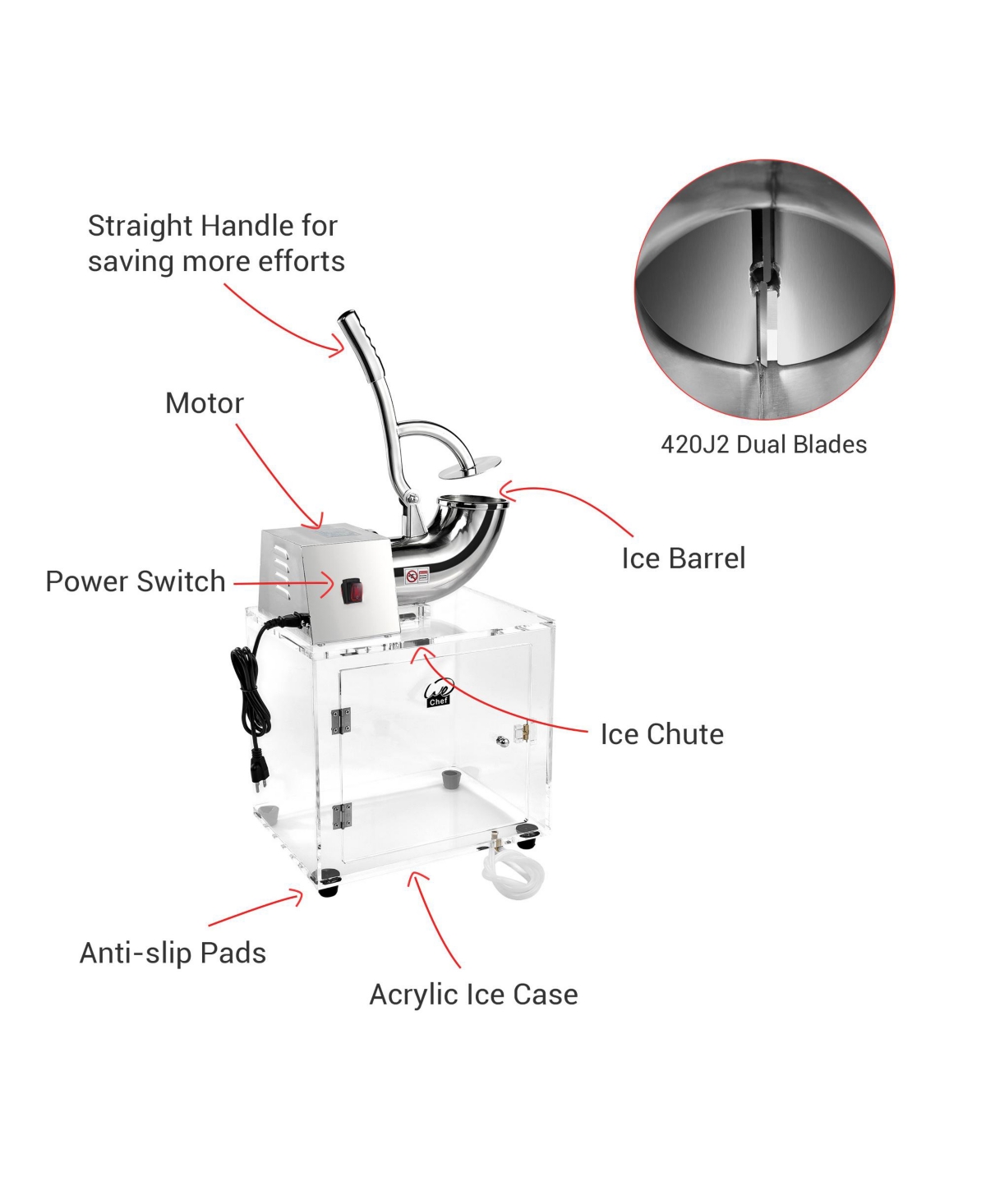 250W Electric Snow Cone Maker Shaver Commercial Ice Crusher with Case 2500 r/m 440 lbs