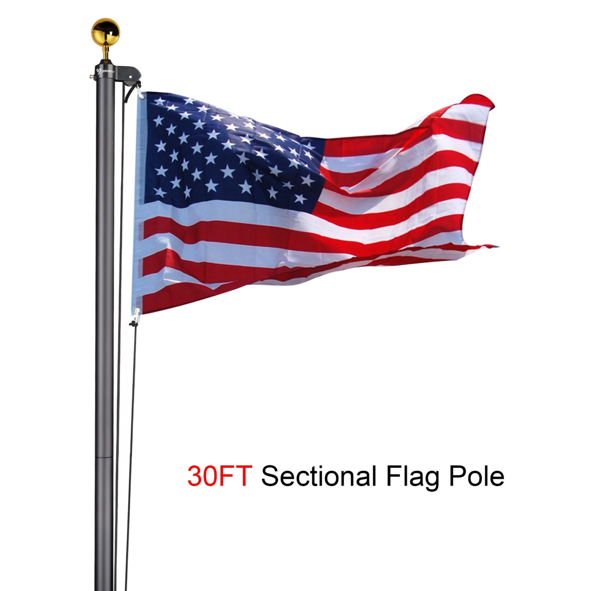 Yescom Bravery 30Ft Sectional Flag Pole Kit Aluminum Outside Inground Yard Garden with 3'x5' Usa Flag Ball Top- Black