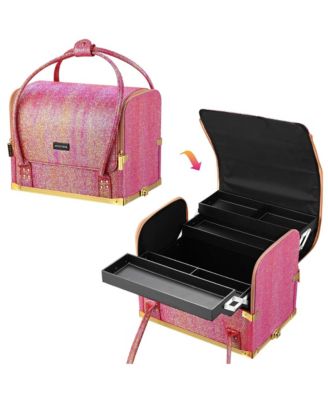 Red Gold Makeup Train Case Lockable Rolling Cosmetic Trolley Storage